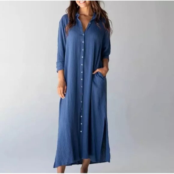 NATURAL LIFE Dresses & Skirts - NATURAL LIFE Drew Shirt Dress Cotton Gauze Maxi Pockets in Blue size Small